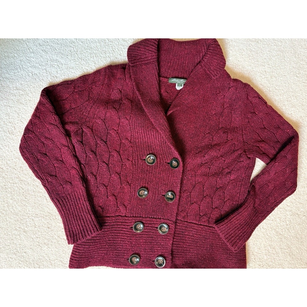 Eddie Bauer Wool Angora Blend Cable Knit Cardigan Shawl Collar Burgundy Small